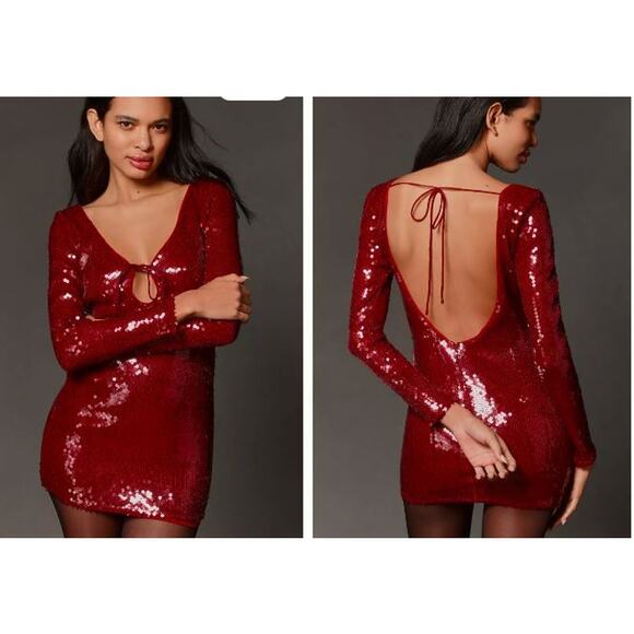 Anthropologie Bardot Verona Long-Sleeve Sequin Mini Dress RED NWT 198 Sz 2 and 4